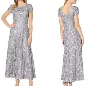 Alex Evenings Soutache Sequin Rosette Lace Formal Gown Dress NWT 12 Silver Gray